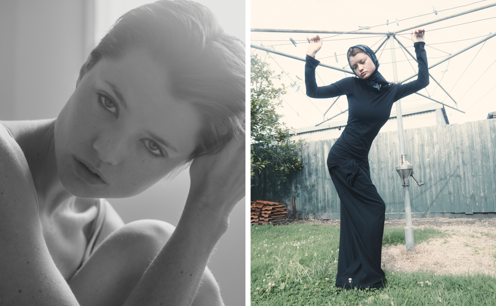 Black and white portrait diptych — model by clothesline, natural light editorial