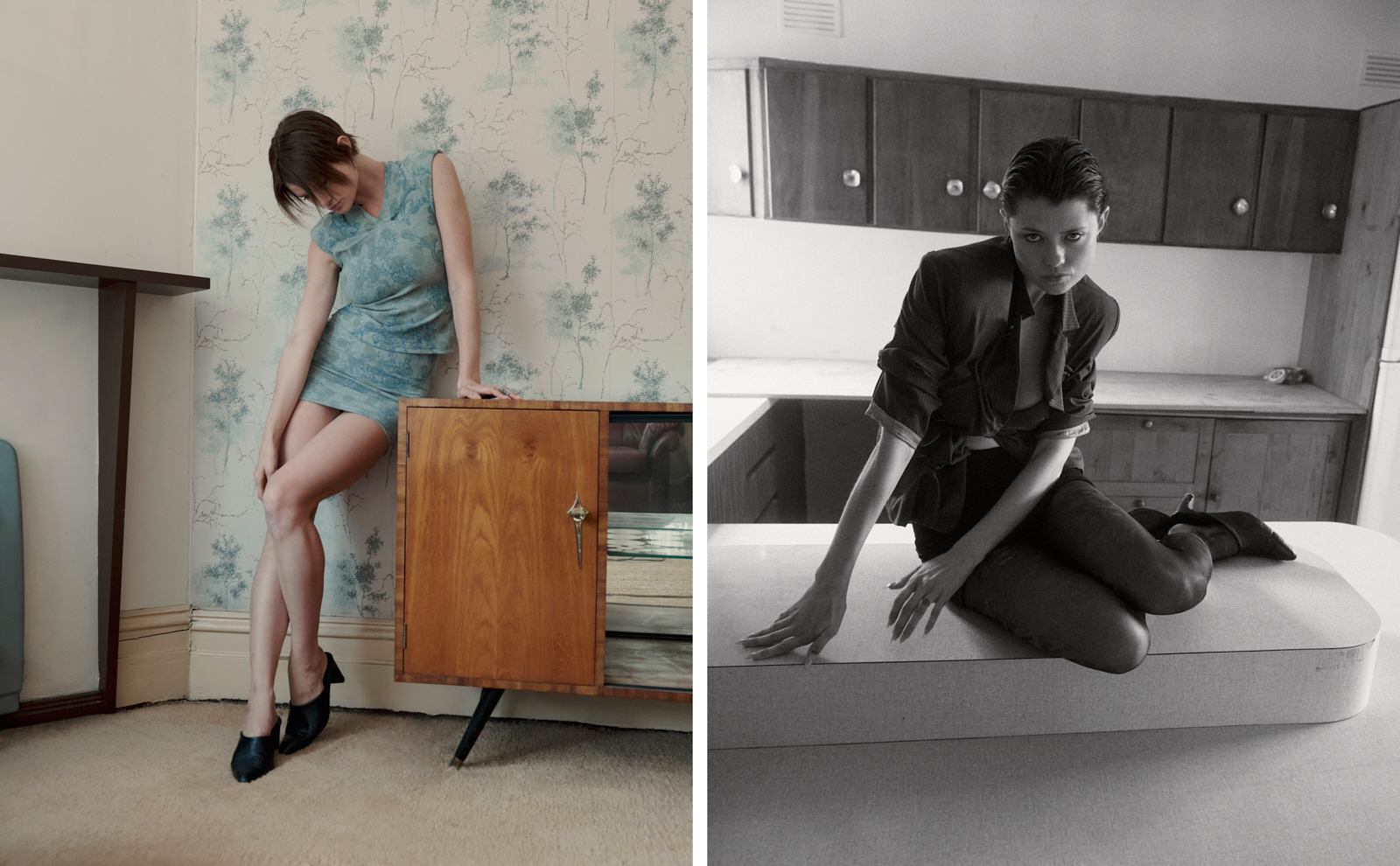 Close-up beauty portrait and interior sitting diptych — natural light fashion photography Melbourne