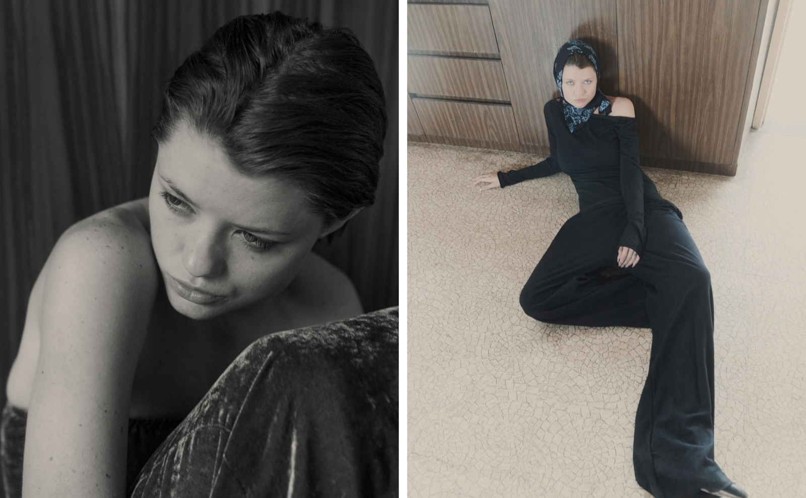 Fashion editorial diptych — model in blue dress and retro studio sitting, Melbourne photographer