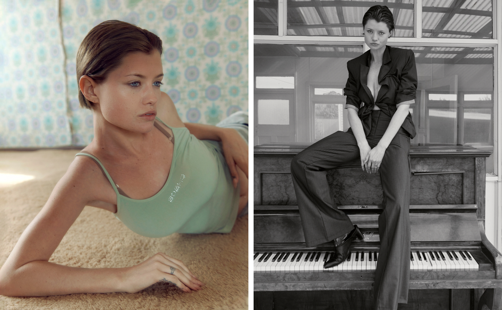 Editorial diptych — model in green tank on carpet paired with piano detail, personal work