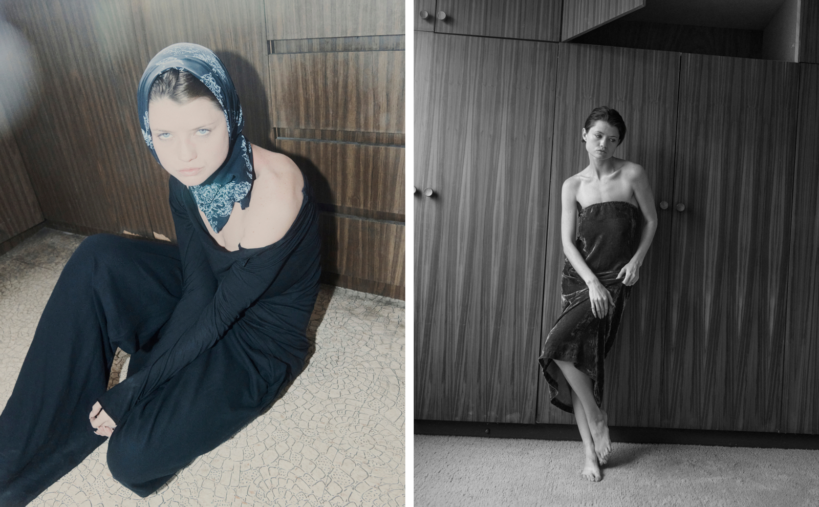 Fashion editorial portrait — model in headscarf and dark dress against vintage wallpaper interior