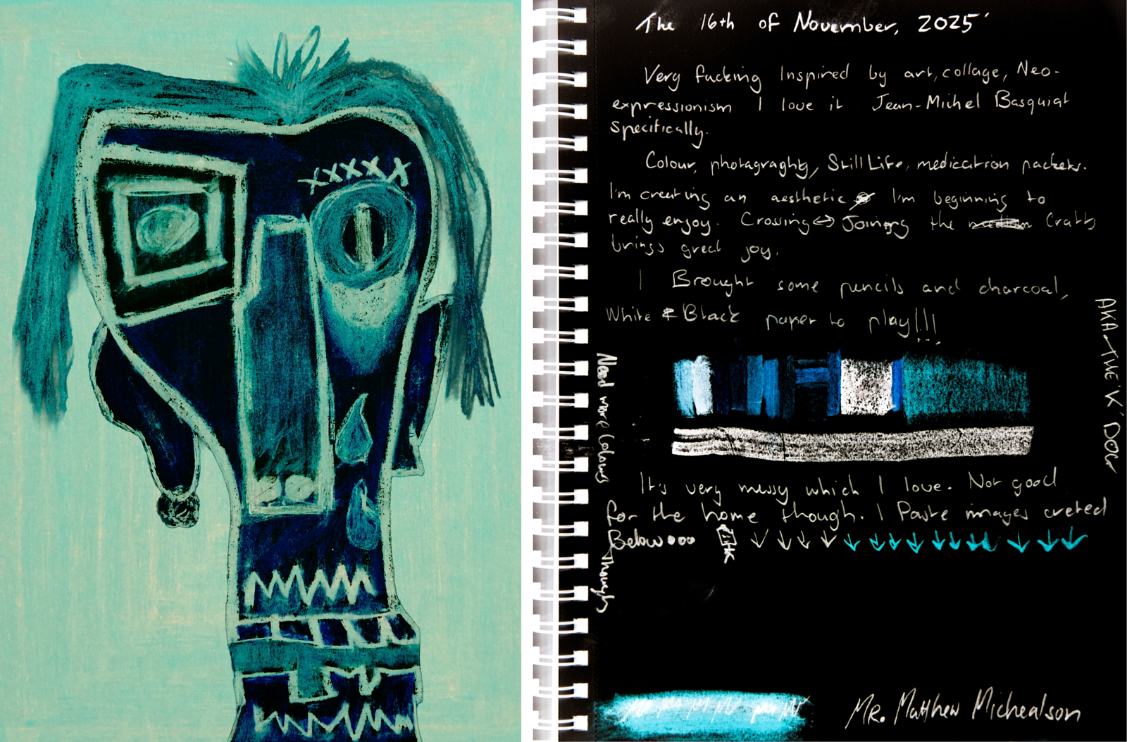 Diptych — neo-expressionist face painting in blue and teal with handwritten journal entry on black paper