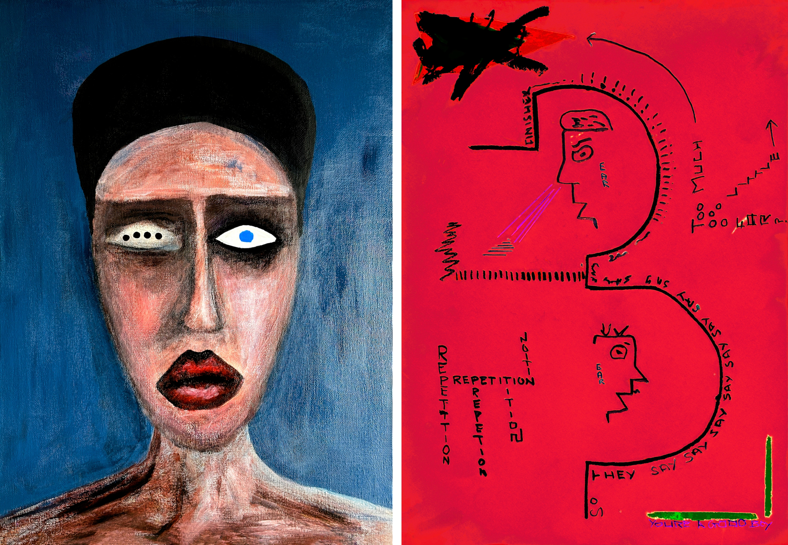 Diptych — painted portrait with blue eye paired with red ink profile drawing with text and airplane