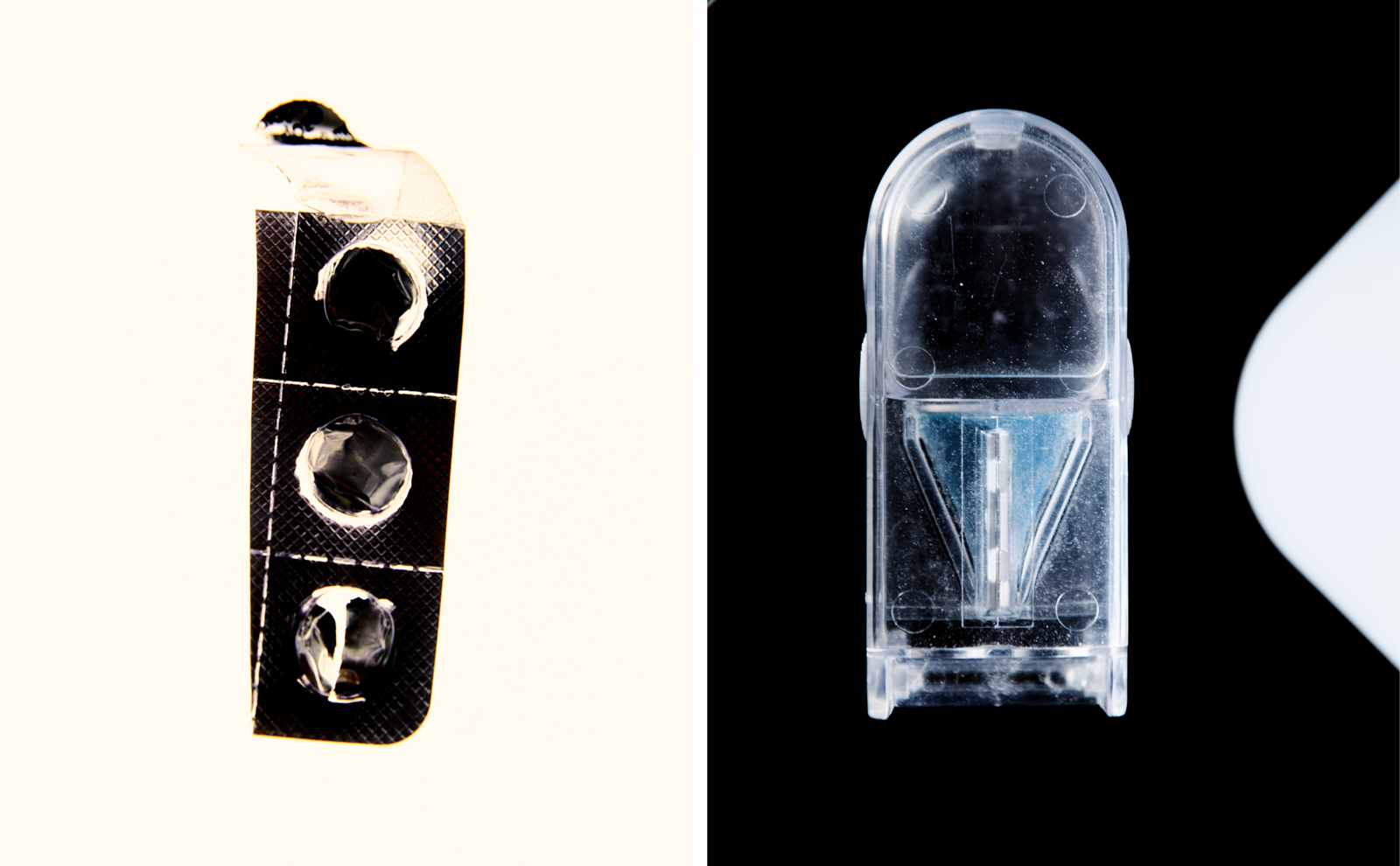 Diptych — empty blister pack on cream and clear vape cartridge on black, still life pairing