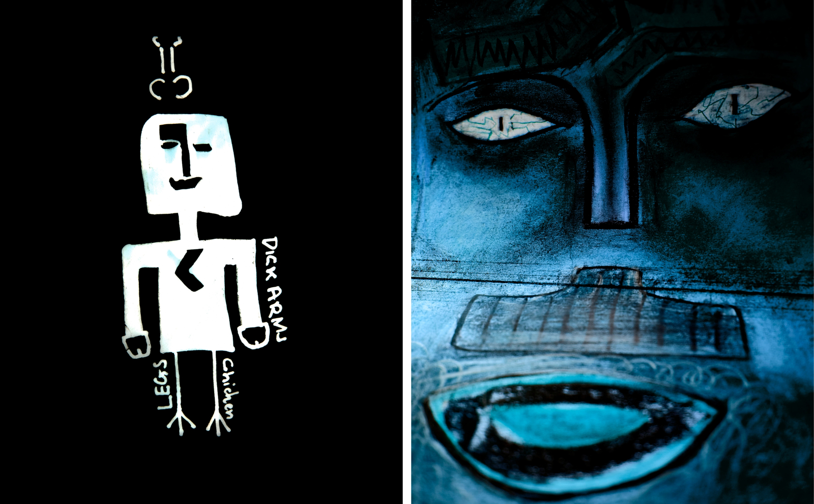 Diptych — white robot figure drawing on black paired with close-up blue face painting detail