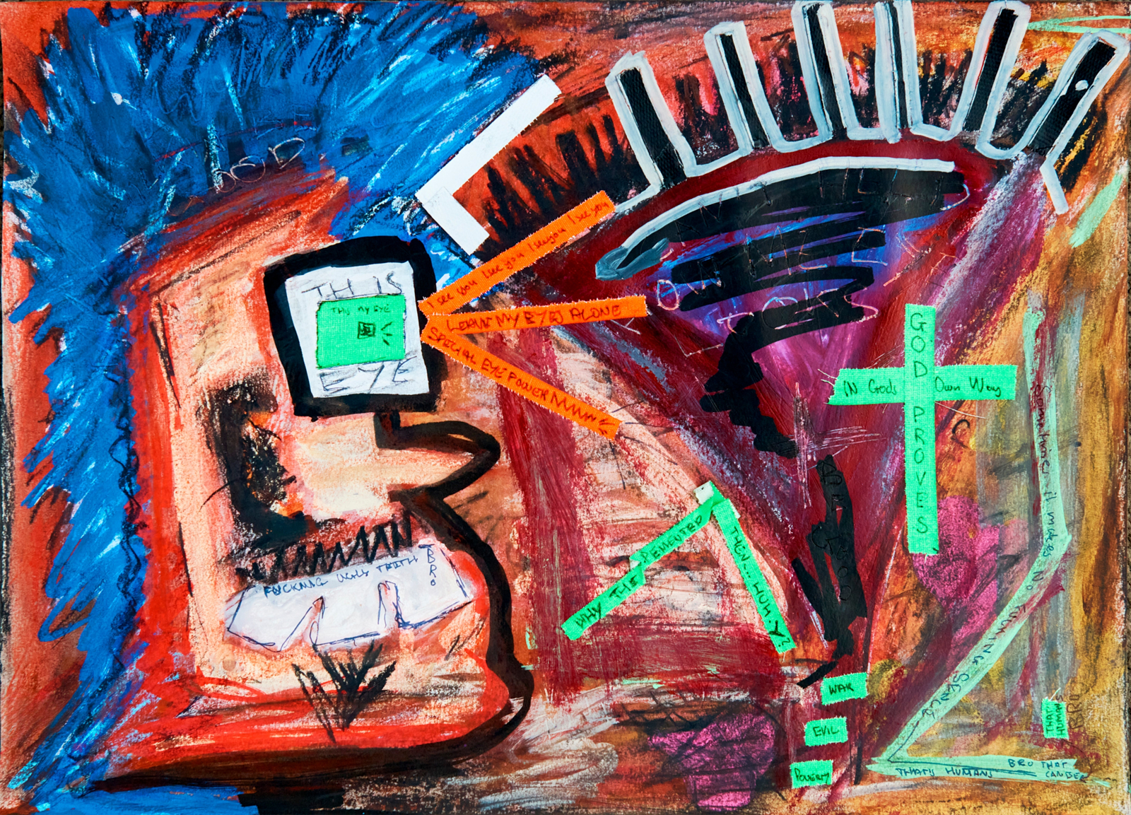 Neo-expressionist painting — large-scale face in red and blue with collage eye and text fragments