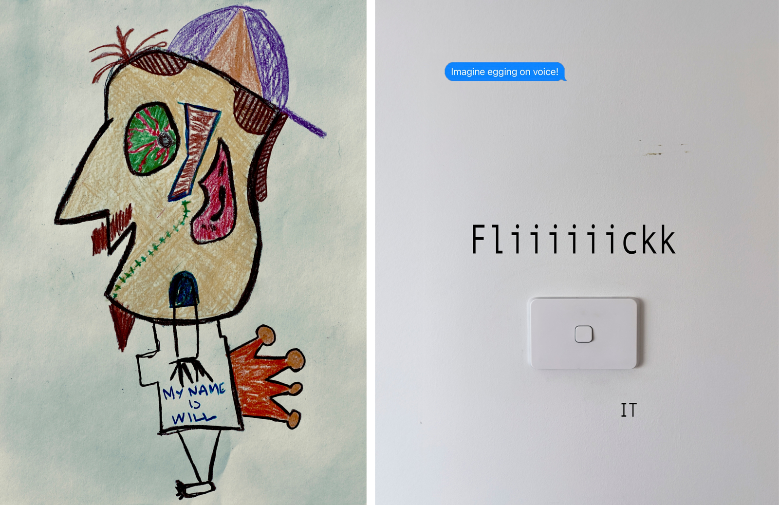 Diptych — coloured pencil character with purple hat paired with light switch photo and text collage