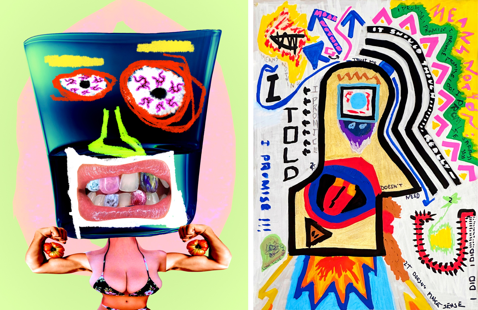 Diptych — photo collage face with painted eyes on green paired with bold figure painting in primary colours