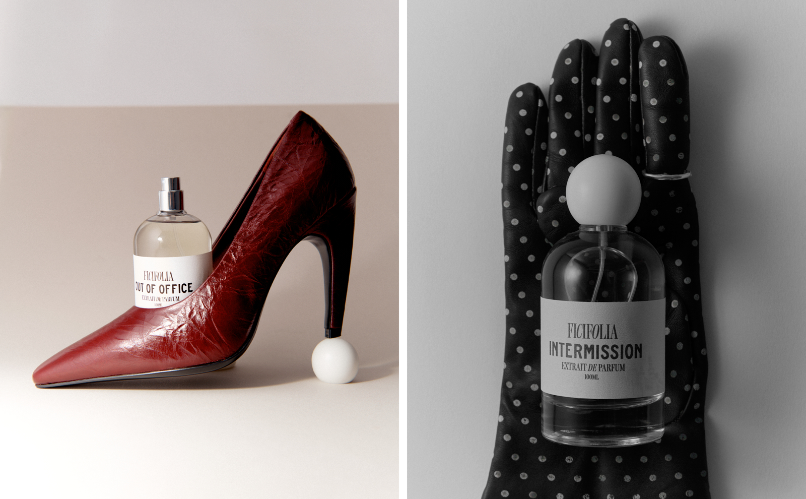 Ficifolia Best in Show campaign — Out of Office perfume in a crinkled red leather heel, beside Intermission perfume on a polka-dot glove
