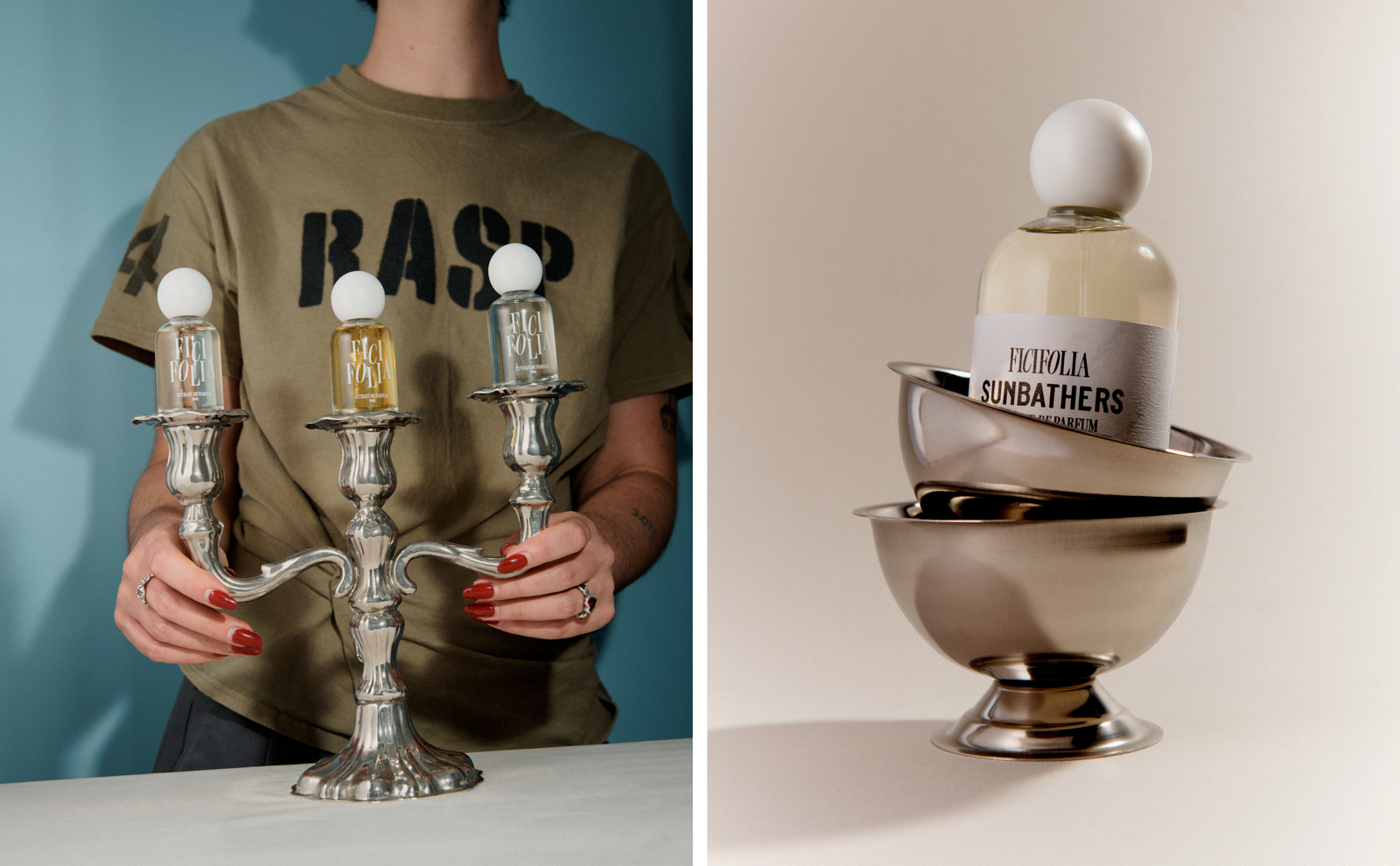 Diptych — hands holding a silver candelabra topped with Ficifolia bottles, beside Sunbathers perfume in stacked silver bowls