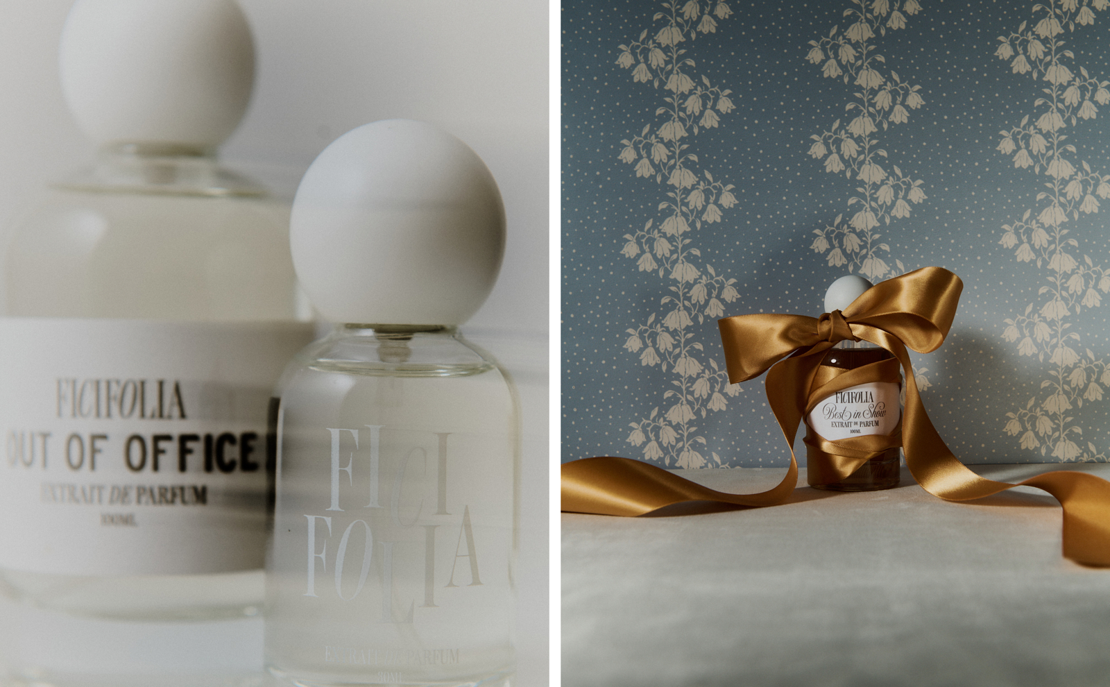Diptych — close-up of Ficifolia Out of Office and embossed bottles, beside Best in Show perfume tied with gold satin ribbon against floral wallpaper