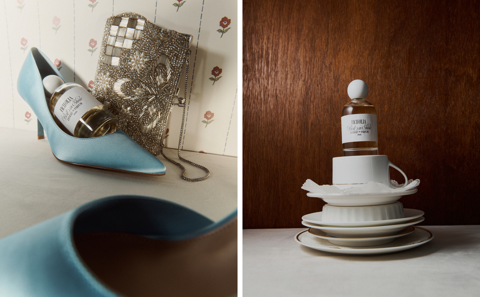 Diptych — Best in Show perfume in a pale blue satin heel with a beaded clutch, beside the bottle on stacked white crockery against timber
