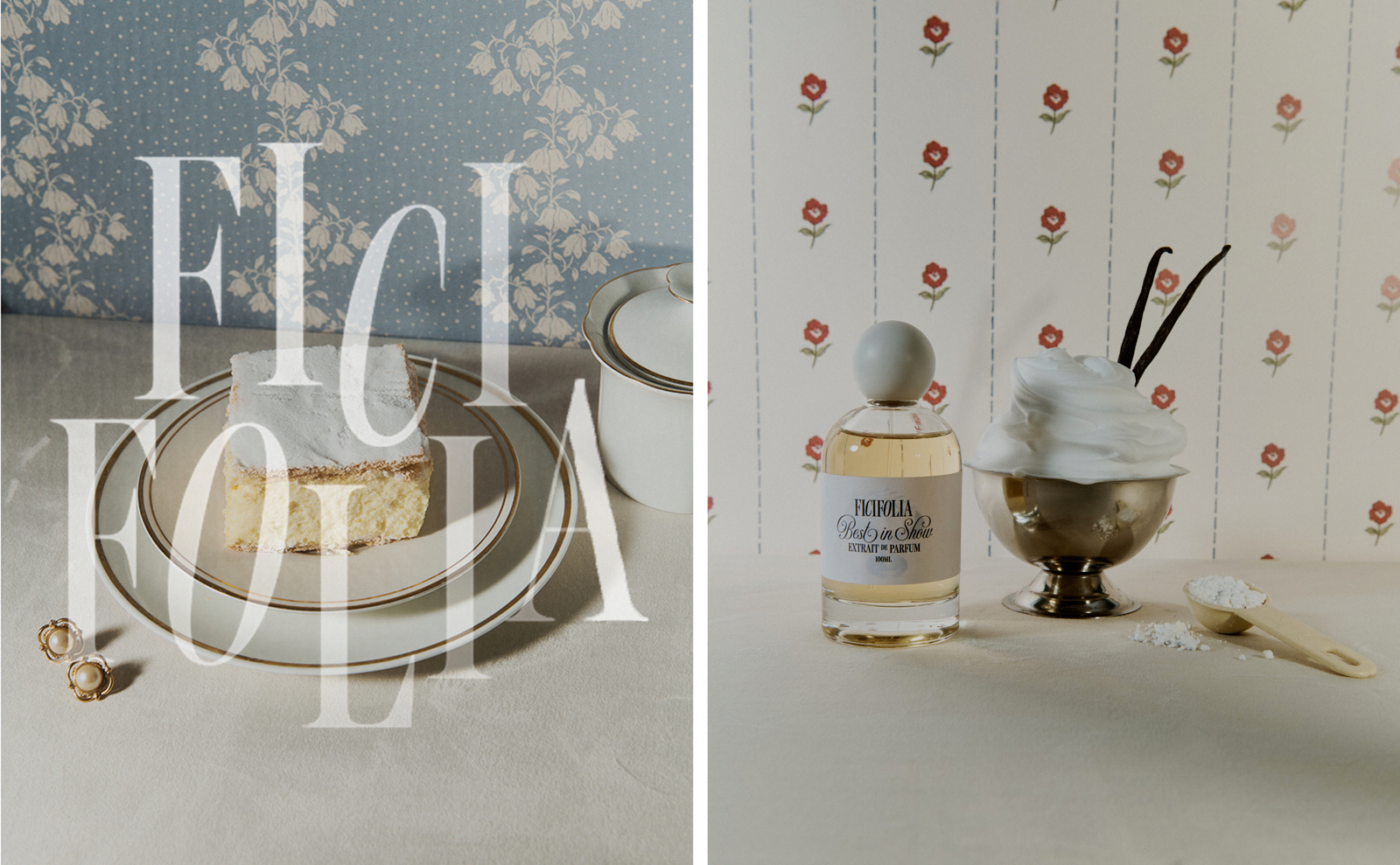 Diptych — vanilla slice on gold-rimmed china under the FICIFOLIA wordmark, beside Best in Show perfume with whipped cream and vanilla pods
