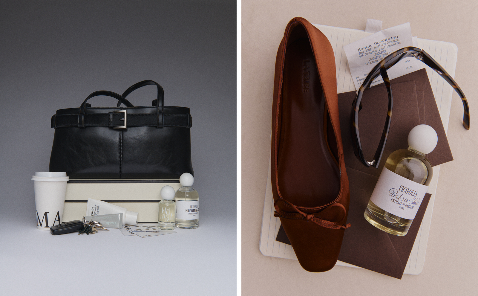 Diptych — black leather tote with Ficifolia bottles, coffee cup and keys on grey, beside a satin ballet flat, sunglasses and Ficifolia perfume on stationery