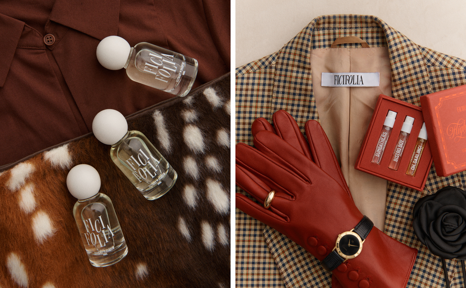 Diptych — three Ficifolia bottles on brown shirting and faux fawn fur, beside red leather gloves, a watch and Ficifolia sample vials on a check blazer