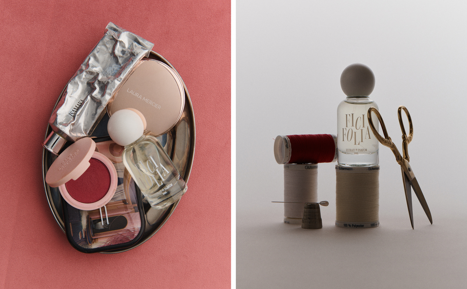 Diptych — Ficifolia bottle in a silver tray with compact and blush on pink, beside a Ficifolia bottle on cotton spools with gold scissors and a thimble