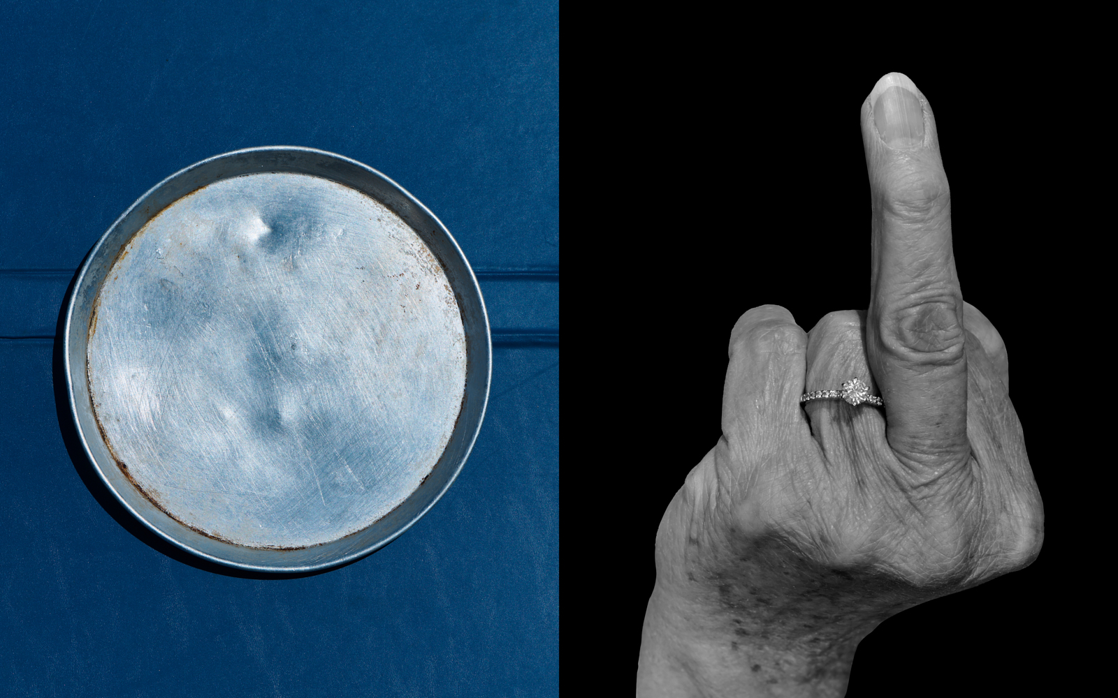 Diptych — worn silver plate on blue suede and elderly hand with diamond ring, Melbourne photographer