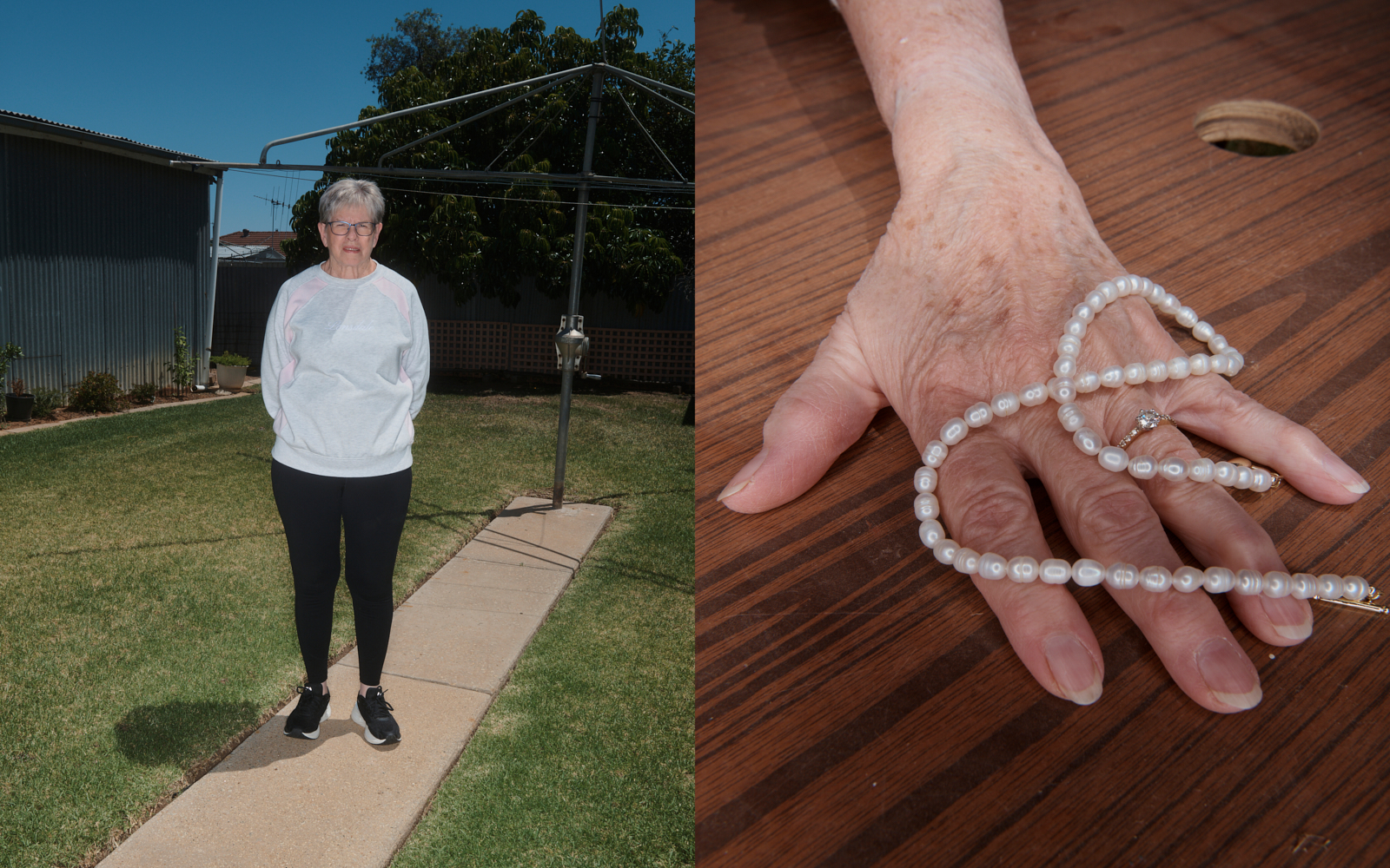 Diptych — woman in suburban Australian backyard and hand holding pearl necklace on timber table