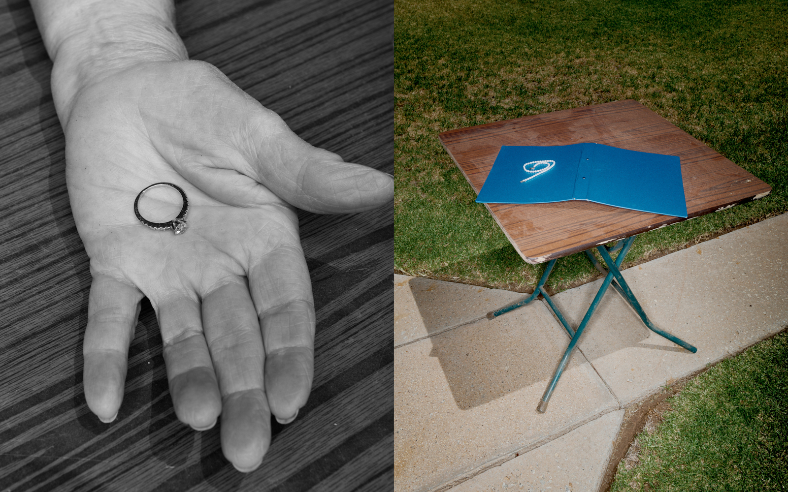 Diptych — open palm with diamond ring on dark timber and pearl necklace on blue folder, personal work
