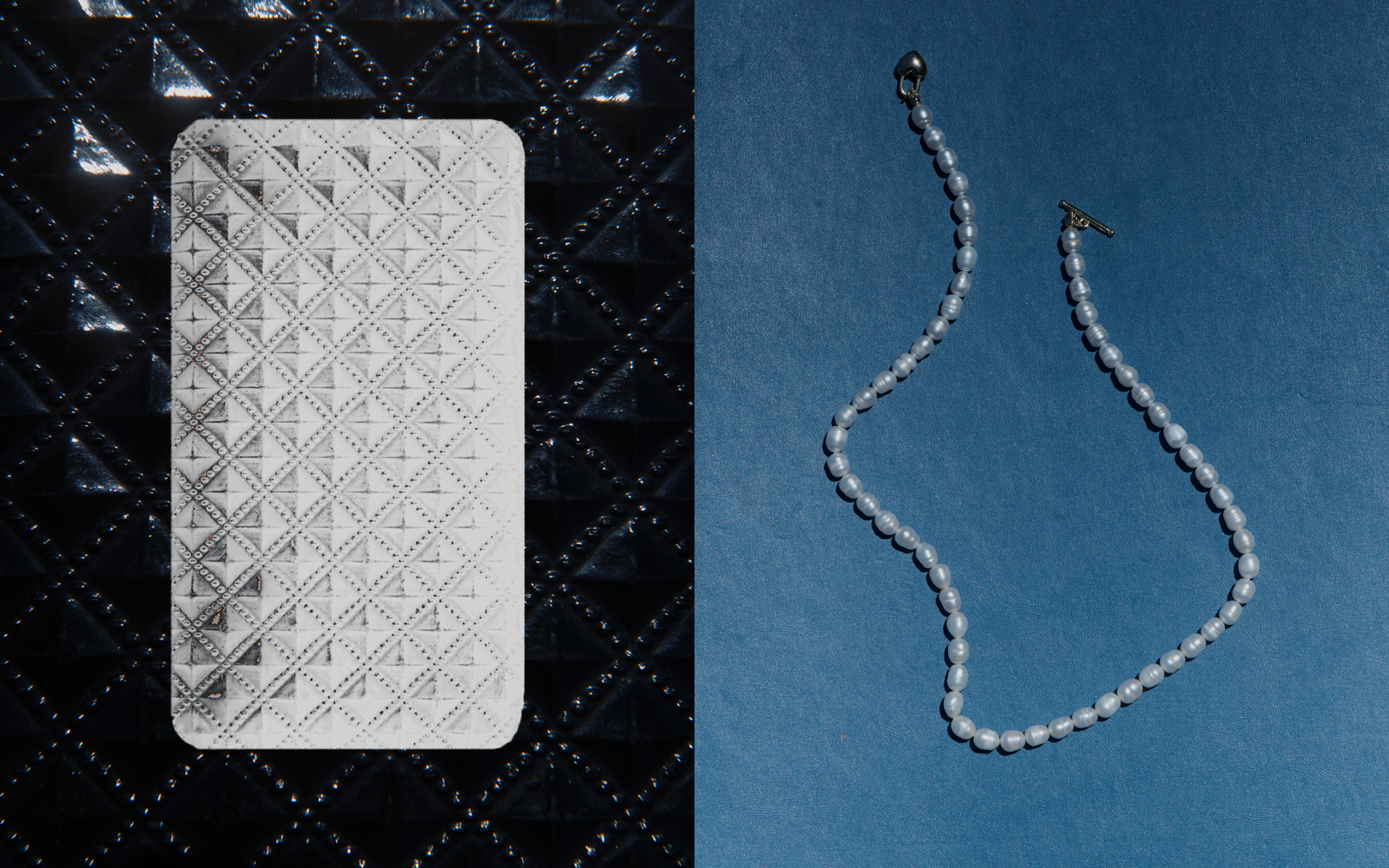 Diptych — quilted white clutch on black leather and pearl necklace on blue suede, product still life