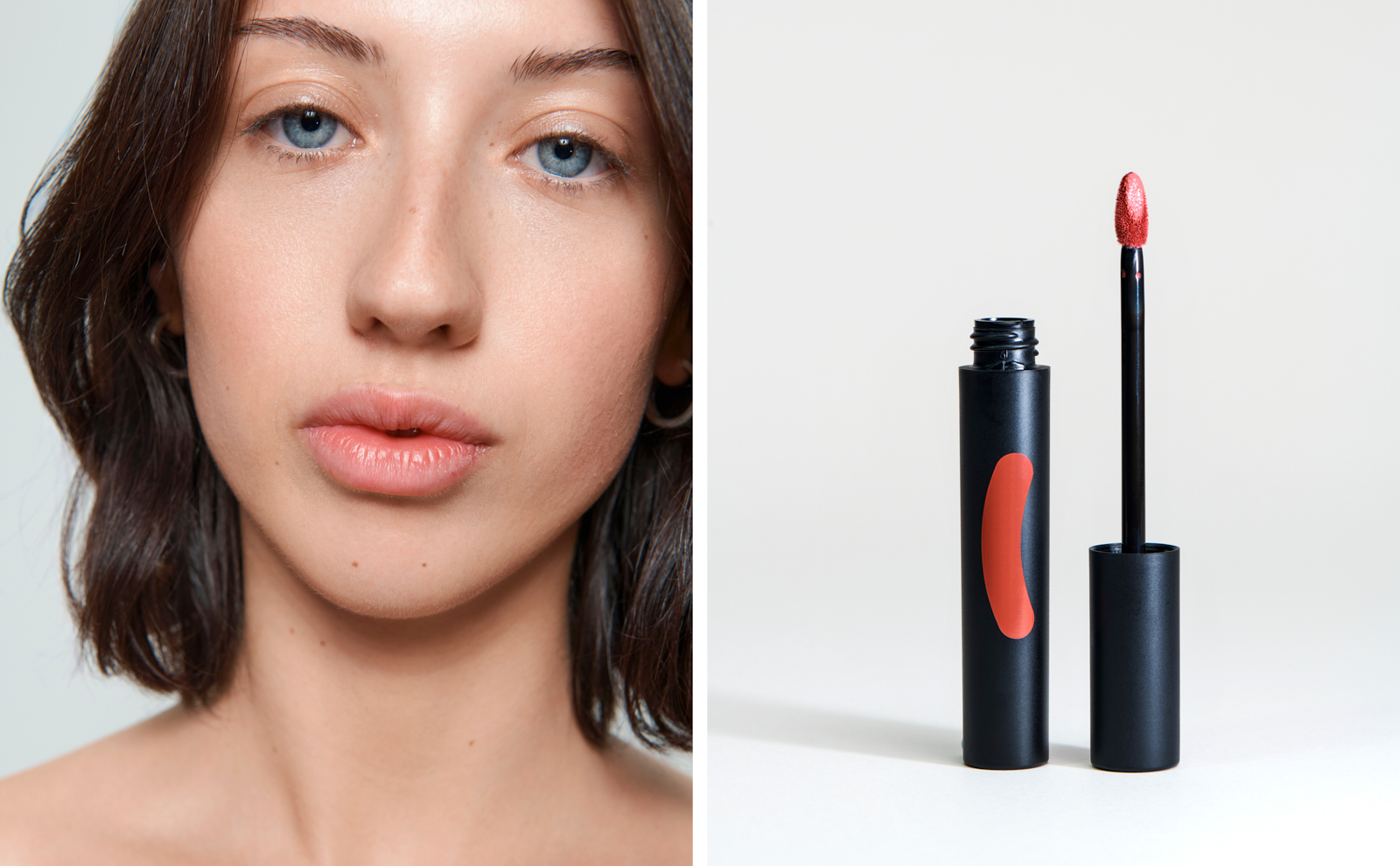 Beauty diptych — natural skin portrait and coral lip product on white, Kester Black Melbourne