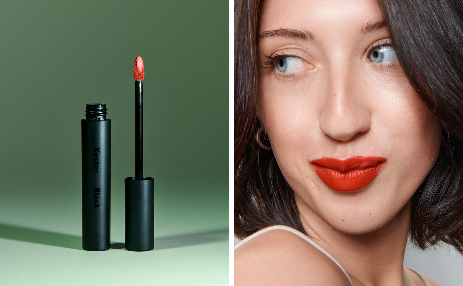 Product and beauty diptych — Kester Black red lip colour on sage green beside model with bold red lip
