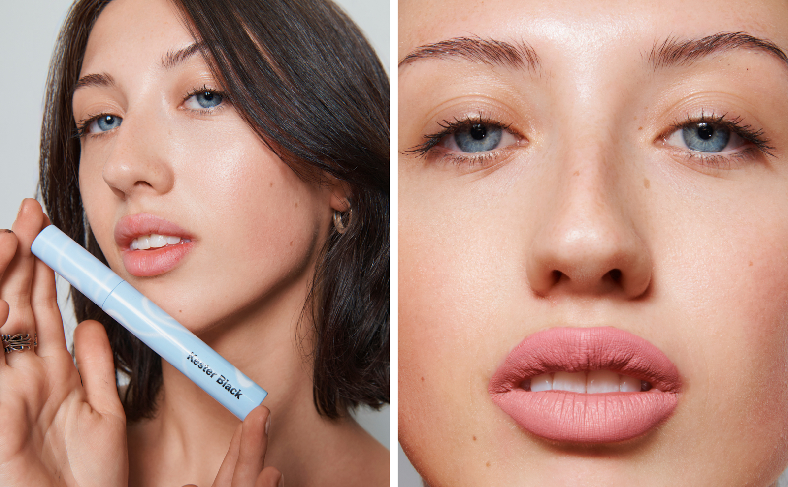 Beauty diptych — model holding pale blue lip product beside close-up of pink lip and skin texture