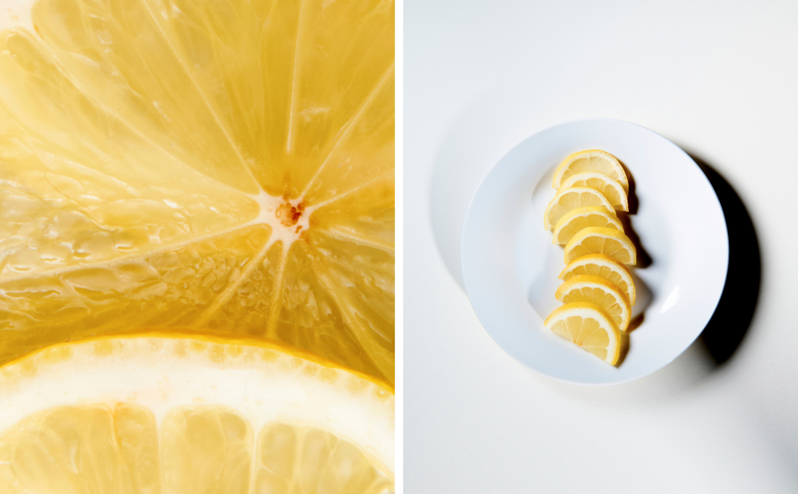 Still life diptych — macro lemon cross-section and sliced lemon on white plate, colour-matched product
