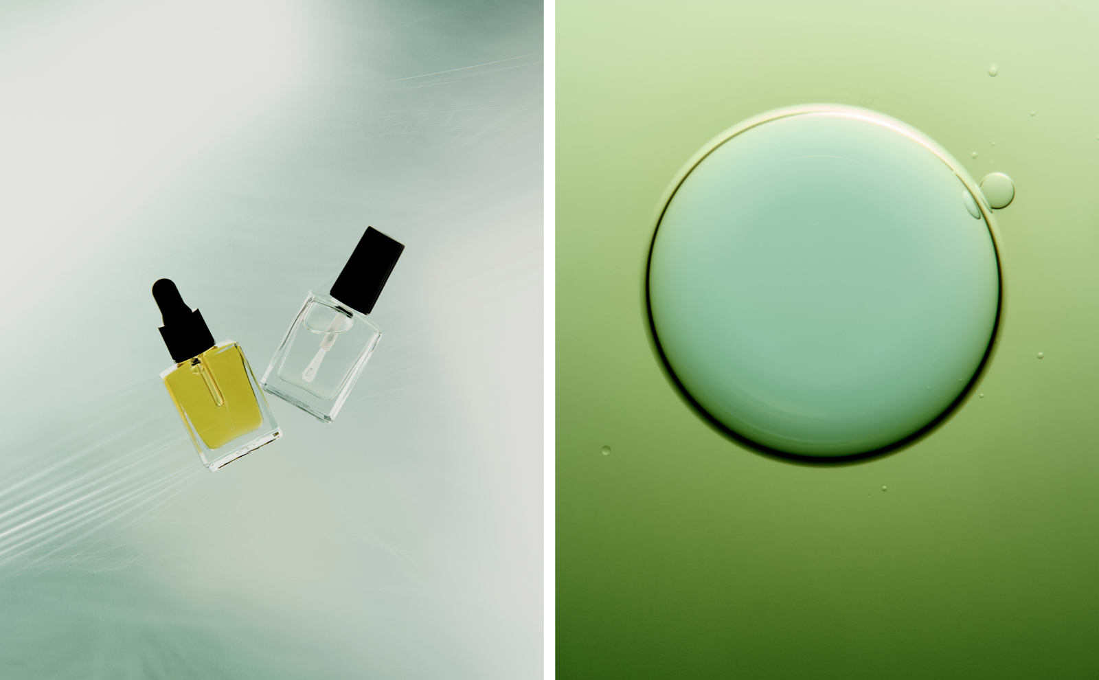 Product diptych — cuticle oil dropper and clear nail polish on green beside macro oil droplet gradient