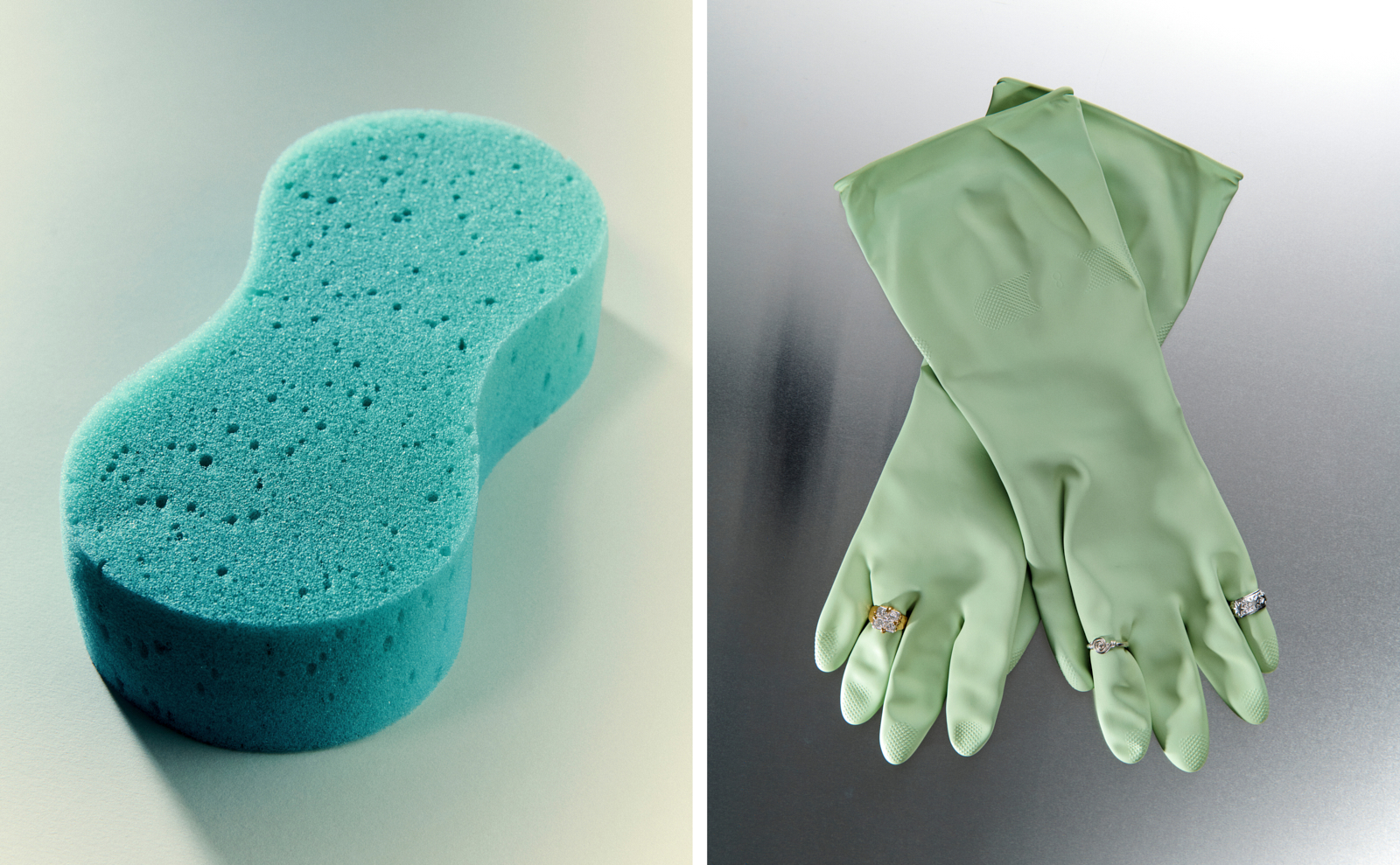 Object diptych — teal sponge beside sage gloves with diamond rings, still life by Matthew Krueger