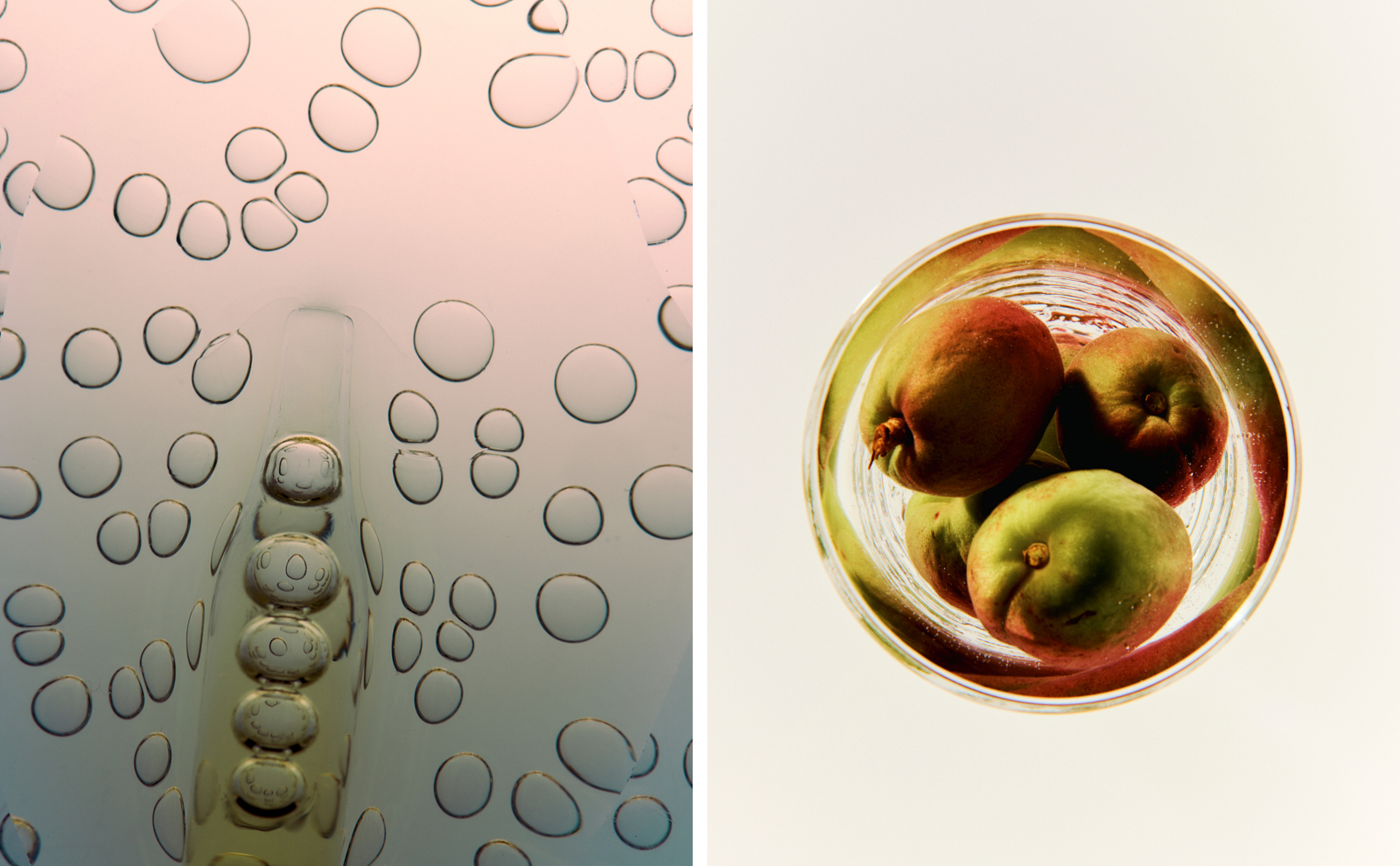 Abstract diptych — water droplets on pink gradient glass beside overhead peaches in glass bowl