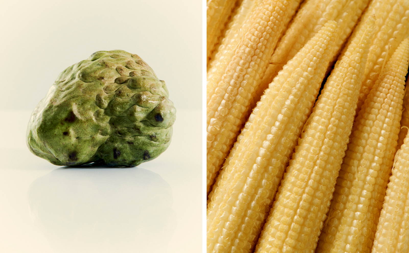 Still life diptych — custard apple on reflective surface beside baby corn macro, Kester Black campaign