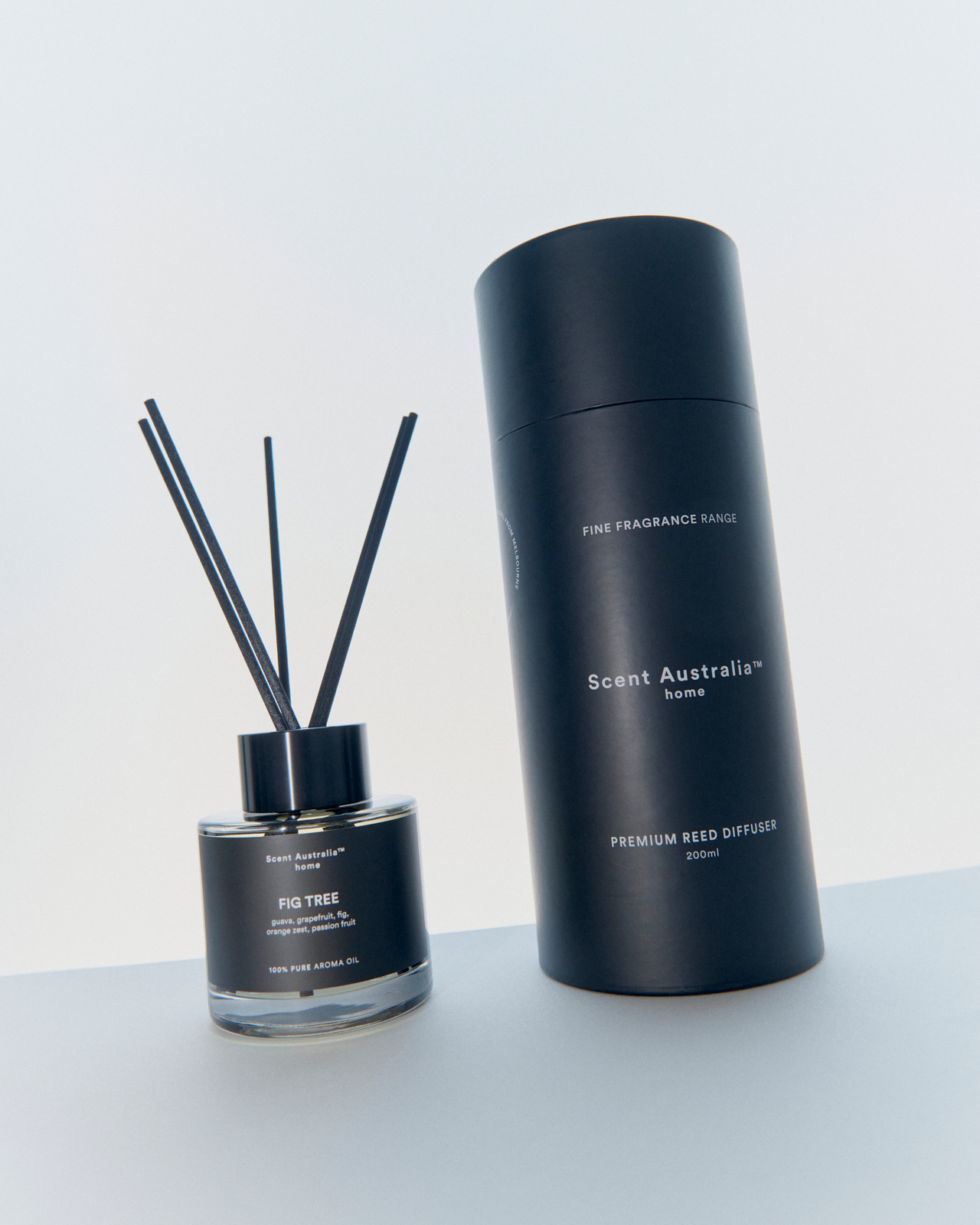 Close-up of black matte reed sticks on light grey surface with soft shadows — textural detail