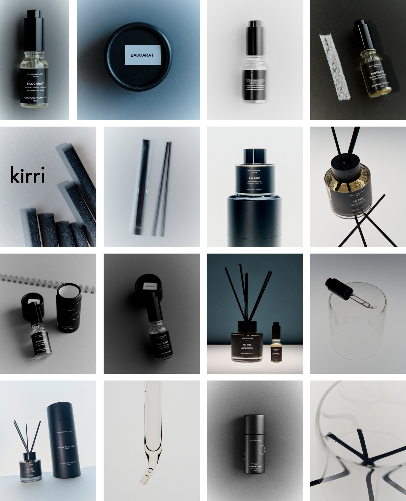Kirri product storyboard — 4x4 grid of Scent Australia Home reed diffusers, oils, and accessories