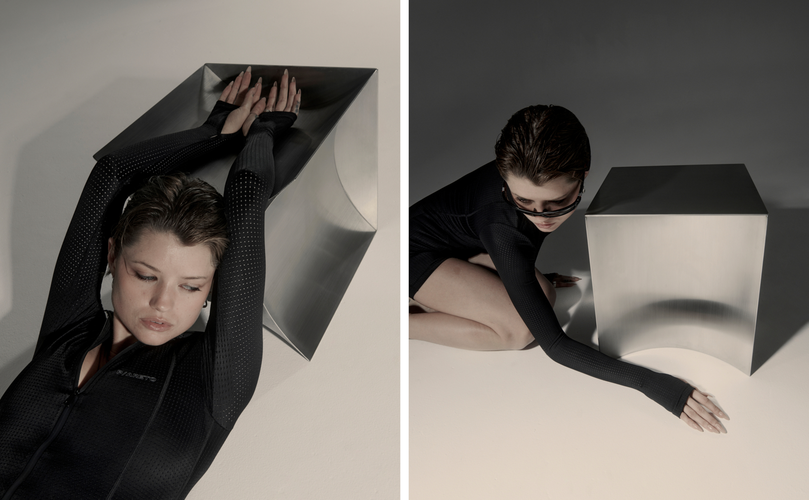 Overhead diptych — model with metal sheet and sculptural steel cube, minimalist lookbook