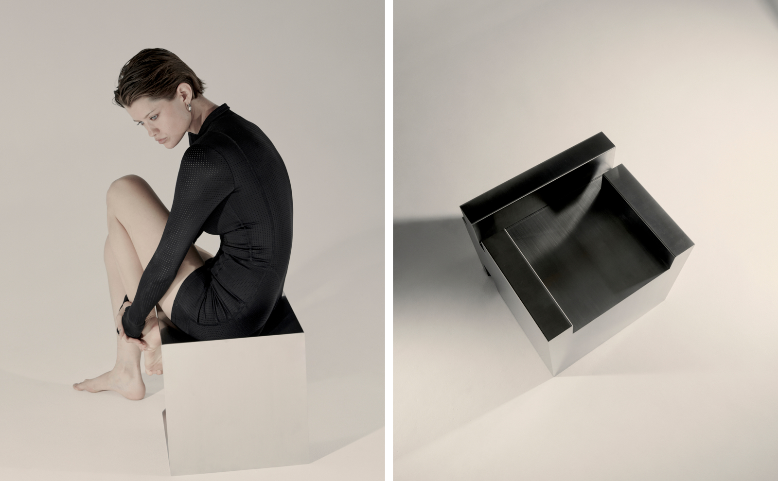 Fashion diptych — model with metal sheet and looking into steel cube, Lissè Studios campaign