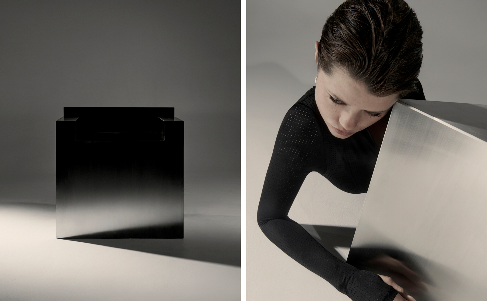 Dark steel cube and model holding metal — sculptural fashion lookbook diptych by Matthew Krueger