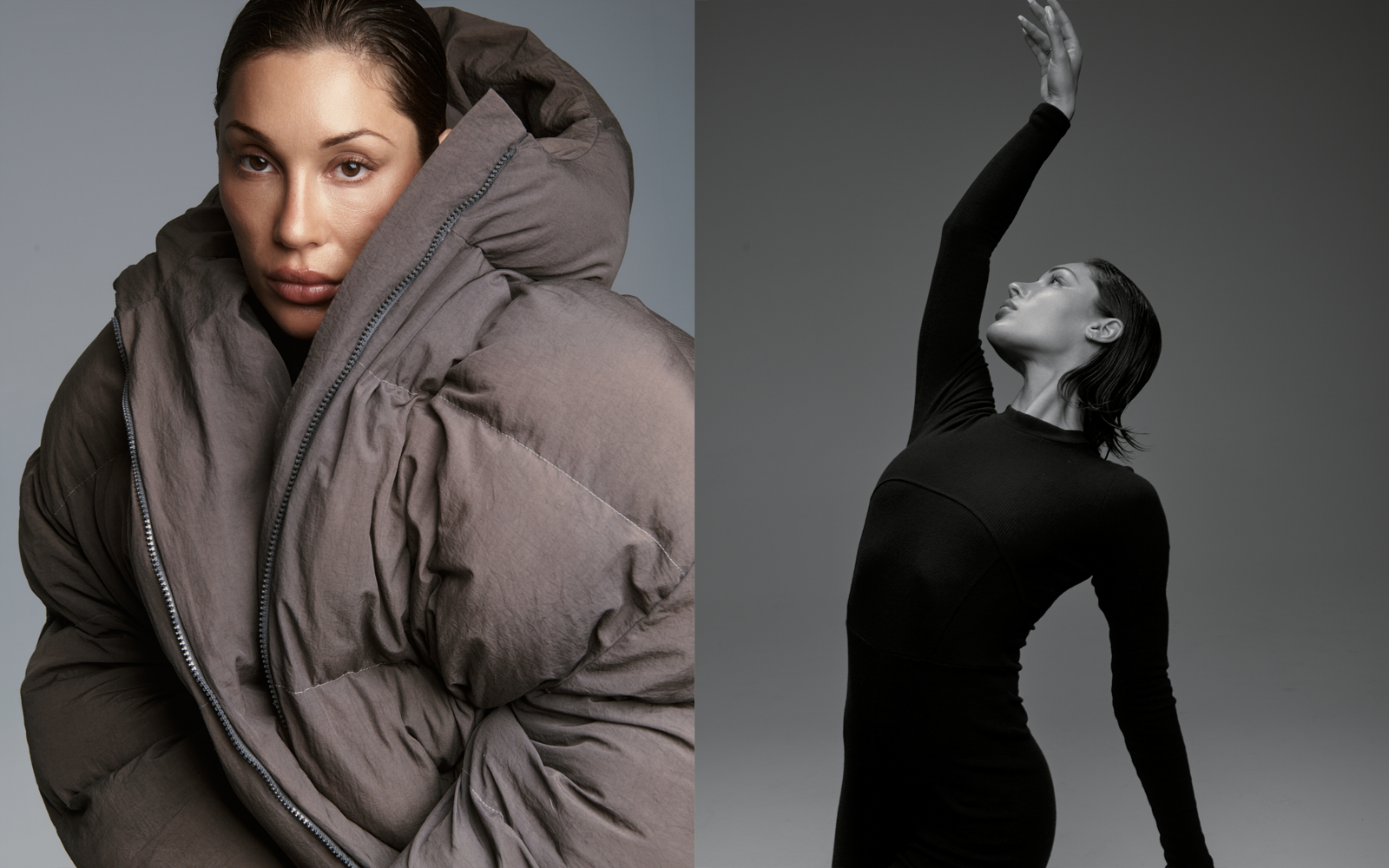 Fashion editorial diptych — Melissa Kremniova wrapped in an oversized taupe puffer beside a black and white studio pose, arm raised