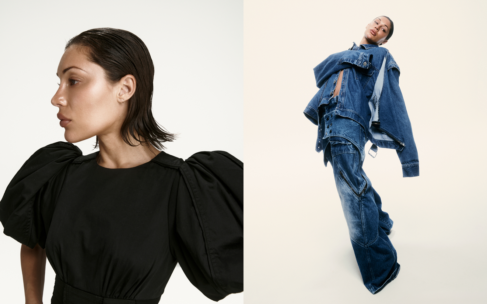 Studio diptych — profile portrait in a black puff-sleeve dress beside a low-angle full-length shot in oversized double denim