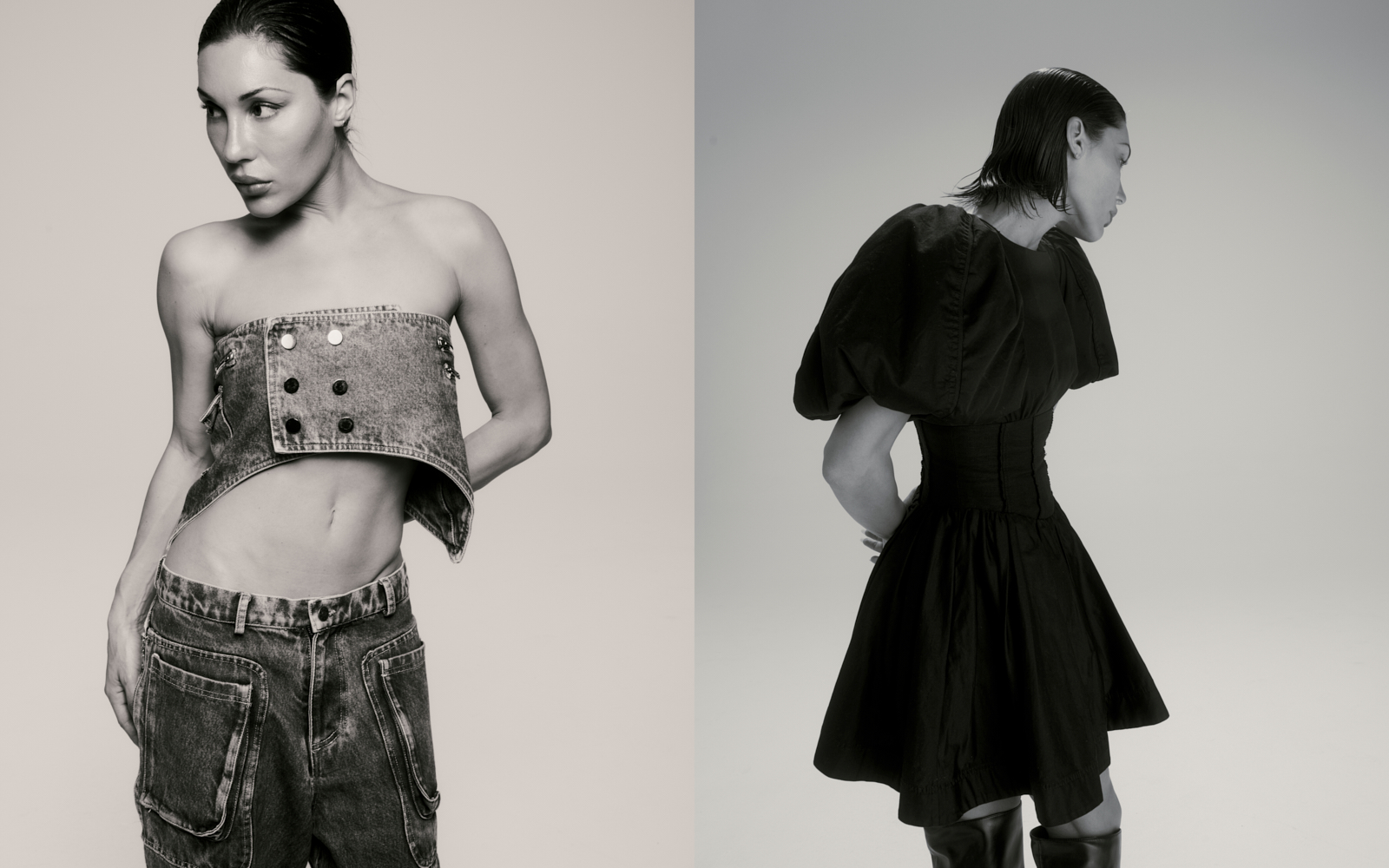 Black and white diptych — washed denim bandeau and cargo jeans beside a back view in a black puff-sleeve dress