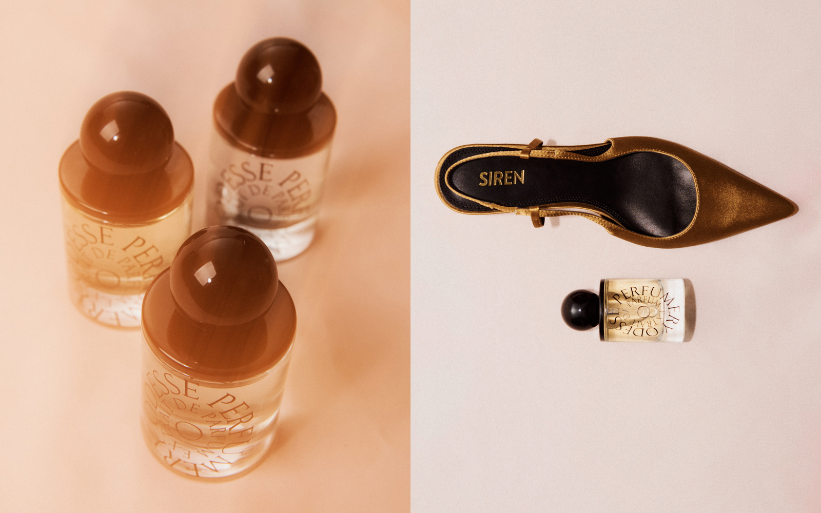 Odesse campaign diptych — three Odesse perfume bottles with dark spherical caps on peach, beside a gold satin slingback and perfume bottle on pale pink