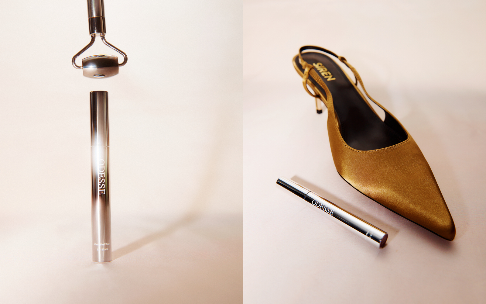 Diptych — Odesse lipstain beneath a facial roller on blush pink, beside the lipstain with a gold satin slingback heel