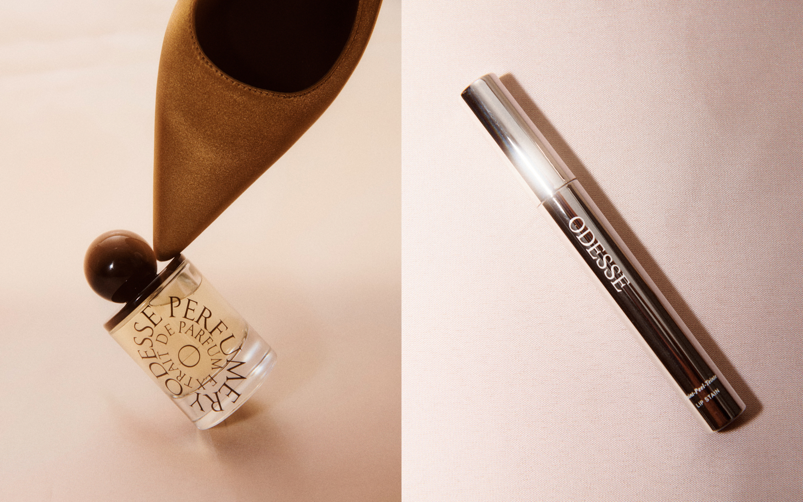 Diptych — Odesse extrait de parfum bottle balanced on the toe of a gold satin heel, beside a silver Odesse lipstain on pink