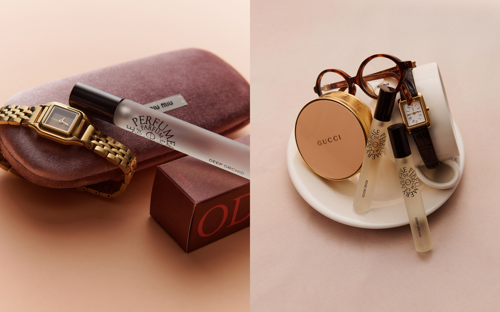 Diptych — Odesse perfume roll-on with a gold watch and velvet pouch on peach, beside roll-ons, tortoiseshell glasses and a watch on a white saucer