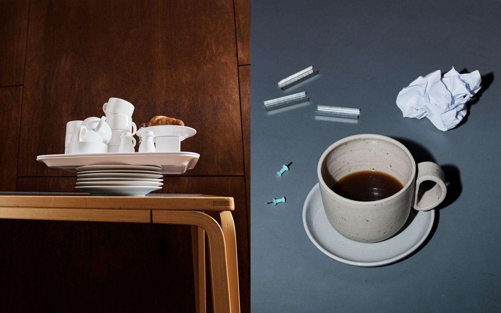 Campaign diptych — stacked white cups and saucers on a bentwood table against timber panelling, beside a coffee mug with staples and pins