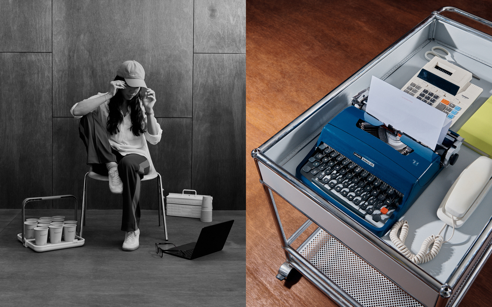 Diptych — black and white portrait of a woman in a cap on the custom timber set, beside a blue typewriter on a steel trolley