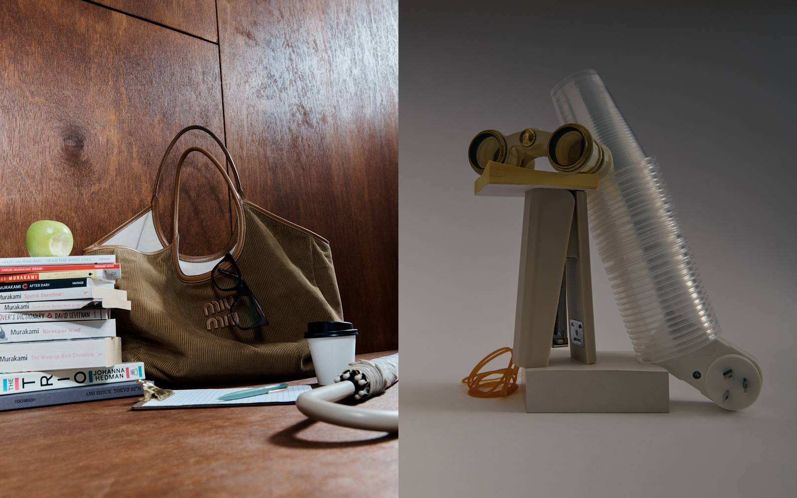 Diptych — corduroy tote, books and coffee on a timber desk, beside a sculptural still life of binoculars, a stapler and stacked cups