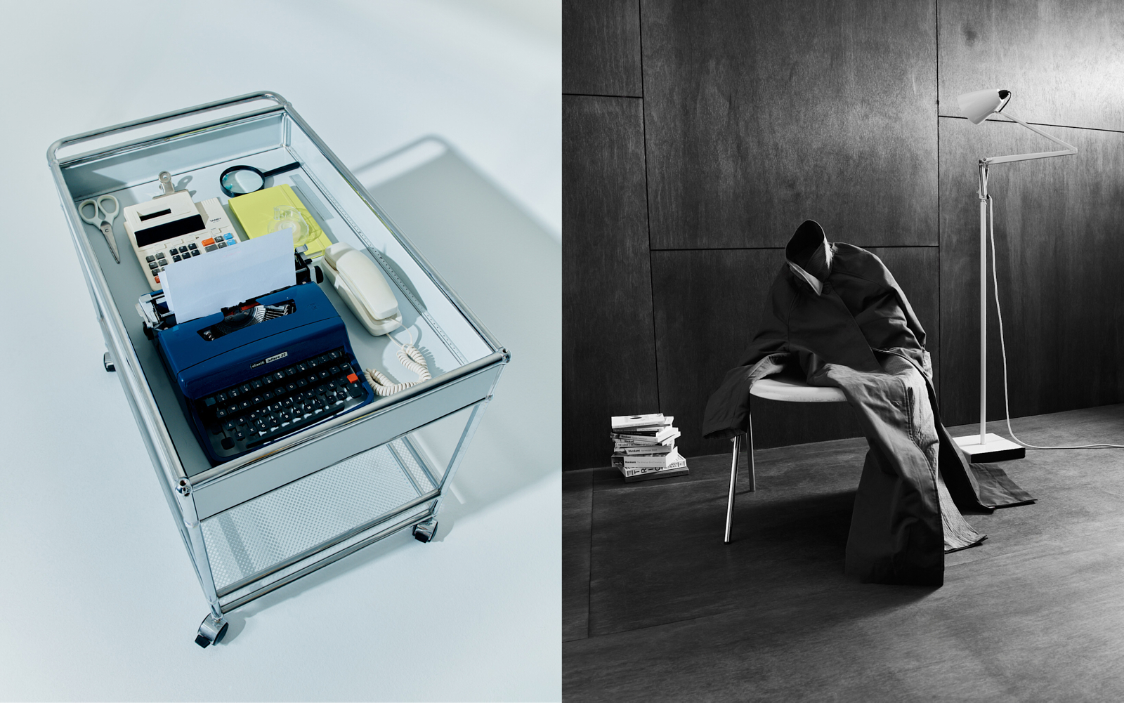 Diptych — steel trolley with blue typewriter, calculator and phone on pale blue, beside a coat draped over a chair on the timber set